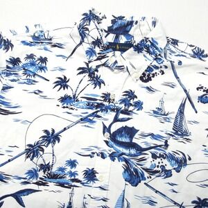 Ralph Lauren Men's XXL Blue White Tropical Marlin Fishing Hawaiian Shirt Button